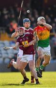 8 March 2020; Martin Kavanagh of Carlow in action against Darragh Egerton, left, and Tommy Doyle of Westmeath during the Allianz Hurling League Division 1 Relegation Play-Off match between Westmeath and Carlow at TEG Cusack Park in Mullingar, Westmeath. Photo by Seb Daly/Sportsfile