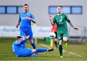 8 March 2020; Dean Casey of Cabinteely is tackled by Noel Cummins of Crumlin United during the EA Sports Cup First Round match between Cabinteely and Crumlin United at Stradbrook in Blackrock, Dublin. Photo by Ben McShane/Sportsfile