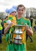8 March 2020; Christopher McDermott of Donegal and his six month old son Tagdh celebrate with the cup after the Allianz Hurling League Round 3A Final match between Armagh and Donegal at Páirc Éire Óg in Carrickmore, Tyrone. Photo by Oliver McVeigh/Sportsfile