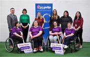 8 March 2020; As part of Seachtain na Gaeilge le Energia the GAA celebrated International Women’s Day 2020 with Conradh na Gaeilge in Croke Park. Those present were treated to a skills exhibition from five intercounty wheelchair camogie players as part of the GAA’s ‘GAA For All’ scheme in the players’ warm up room. Following that, a discussion panel was held on the topic ‘Women in Sport’. TG4 sports presenter and one of this year’s Seachtain na Gaeilge personalities, Gráinne McElwain, facilitated the discussion and there was contributions from Eimear Considine, Imreoir Rugbaí le Foireann na hÉireann, Gearóidín Ní Thaibhís, An tOifigeach Náisiúnta Éagsúlachta agus Rannpháirtíochta CLG and Máire Treasa Ní Dhubhghaill, Spórt TG4. In attendance during the event at Croke Park in Dublin, are, back from left, Jamie Ó Tuama, Oifigeach Forbartha Gaeilge CLG, Gráinne McElwain, TG4, Máire Treasa Ní Dhubhghaill, Spórt TG4, Eimear Considine, Imreoir Rugbaí le Foireann na hÉireann,Orla Nic Ghearailt, Bainisteoir, Sheachtain na Gaeilge and Gearóidín Ní Thaibhís, An tOifigeach Náisiúnta Éagsúlachta agus Rannpháirtíochta CLG, with, fromt, from left, are wheelchair camogie players, Caroline O'Halloran, from Ennis in Clare, Edel Morrissey, from Cooraclare in Clare, Ellie Sheehy from Limerick and Sarah Cregg, from Roscommon. Photo by Brendan Moran/Sportsfile