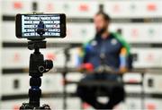 9 March 2020; Head coach Andy Farrell is seen on the screen of a smartphone during an Ireland Rugby Press Conference in the National Indoor Arena at the Sports Ireland Campus in Dublin. Photo by Brendan Moran/Sportsfile