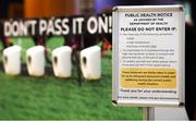 9 March 2020; A sign about Coronavirus COVID-19 is seen in the foyer ahead of the Cheltenham Racing Festival at Prestbury Park in Cheltenham, England. Photo by Harry Murphy/Sportsfile