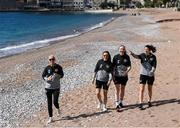 10 March 2020; Republic of Ireland players, from left, Stephanie Roche, Áine O'Gorman, Louise Quinn and Niamh Fahey during a walk along the beach in Petrovac, Montenegro, ahead of their side's UEFA Women's 2021 European Championships Qualifier. Photo by Stephen McCarthy/Sportsfile