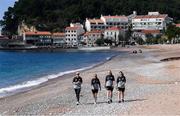 10 March 2020; Republic of Ireland players, from left, Stephanie Roche, Áine O'Gorman, Louise Quinn and Niamh Fahey during a walk along the beach in Petrovac, Montenegro, ahead of their side's UEFA Women's 2021 European Championships Qualifier. Photo by Stephen McCarthy/Sportsfile