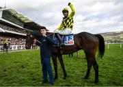 10 March 2020; Jockey Nico de Boinville on Shishkin celebrates after winning the Sky Bet Supreme Novices' Hurdle on Day One of the Cheltenham Racing Festival at Prestbury Park in Cheltenham, England. Photo by Harry Murphy/Sportsfile