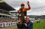 10 March 2020; Jockey Aidan Coleman on Put The Kettle On celebrates after winning the Racing Post Arkle Challenge Trophy Novices' Chase on Day One of the Cheltenham Racing Festival at Prestbury Park in Cheltenham, England. Photo by Harry Murphy/Sportsfile