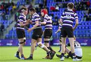 10 March 2020; Yousif Ajina, second left, celebrates with Terenure College team-mates after scoring his side's second try during the Bank of Ireland Leinster Schools Junior Cup Semi-Final match between Terenure College and Newbridge College at Energia Park in Donnybrook, Dublin. Photo by Ramsey Cardy/Sportsfile