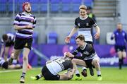 10 March 2020; Harry Farrell, 13, celebrates with Newbridge College team-mates Adam Larkin-Smithers, left, and Tadhg Brophy after scoring his side's second try during the Bank of Ireland Leinster Schools Junior Cup Semi-Final match between Terenure College and Newbridge College at Energia Park in Donnybrook, Dublin. Photo by Ramsey Cardy/Sportsfile