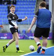 10 March 2020; Tadhg Brophy of Newbridge College celebrates after scoring his side's third try during the Bank of Ireland Leinster Schools Junior Cup Semi-Final match between Terenure College and Newbridge College at Energia Park in Donnybrook, Dublin. Photo by Ramsey Cardy/Sportsfile