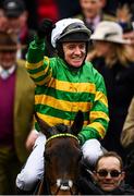 10 March 2020; Jockey Barry Geraghty celebrates after winning the Unibet Champion Hurdle Challenge Trophy on Epatante on Day One of the Cheltenham Racing Festival at Prestbury Park in Cheltenham, England. Photo by Harry Murphy/Sportsfile