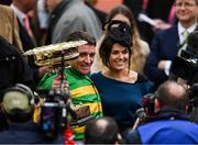 10 March 2020; Barry Geraghty celebrates with wife Paula Geraghty after winning the Unibet Champion Hurdle Challenge Trophy on Epatante during Day One of the Cheltenham Racing Festival at Prestbury Park in Cheltenham, England. Photo by Harry Murphy/Sportsfile