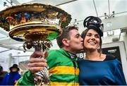 10 March 2020; Jockey Barry Geraghty kisses his wife Paula after winning the Unibet Champion Hurdle Challenge Trophy on Epatante on Day One of the Cheltenham Racing Festival at Prestbury Park in Cheltenham, England. Photo by David Fitzgerald/Sportsfile