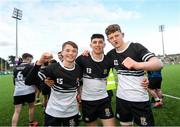 10 March 2020; Newbridge College players, from left, Tadhg Brophy, Harry Farrell and John Collins celebrate following the Bank of Ireland Leinster Schools Junior Cup Semi-Final match between Terenure College and Newbridge College at Energia Park in Donnybrook, Dublin. Photo by Ramsey Cardy/Sportsfile