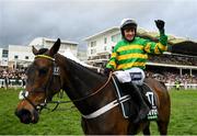 10 March 2020; Barry Geraghty on Epatante celebrates after winning the Unibet Champion Hurdle Challenge Trophy on Day One of the Cheltenham Racing Festival at Prestbury Park in Cheltenham, England. Photo by Harry Murphy/Sportsfile