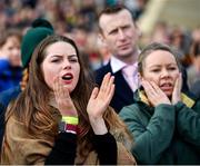 10 March 2020; Racegoers react during the Northern Trust Company Novices´ Handicap Chase on Day One of the Cheltenham Racing Festival at Prestbury Park in Cheltenham, England. Photo by David Fitzgerald/Sportsfile