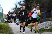 10 March 2020; Denise O'Sullivan and Hannah Tobin-Jones, team masseuse, arrive for a Republic of Ireland Women training session at Pod Malim Brdom in Petrovac, Montenegro. Photo by Stephen McCarthy/Sportsfile