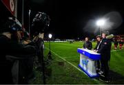 7 March 2020; eir Sport presenter Connor Morris with Ger O'Brien and Paul Corry during a pitchside broadcast prior to the SSE Airtricity League Premier Division match between Sligo Rovers and Shamrock Rovers at The Showgrounds in Sligo. Photo by Stephen McCarthy/Sportsfile