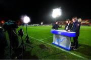 7 March 2020; eir Sport presenter Connor Morris with Ger O'Brien and Paul Corry during a pitchside broadcast prior to the SSE Airtricity League Premier Division match between Sligo Rovers and Shamrock Rovers at The Showgrounds in Sligo. Photo by Stephen McCarthy/Sportsfile