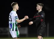 10 March 2020; Dean O'Shea of Bray Wanderers and Kristian Crawford of Wexford FC shake hands after the EA Sports Cup First Round match between Wexford FC and Bray Wanderers at Ferrycarrig Park in Wexford. Photo by Matt Browne/Sportsfile