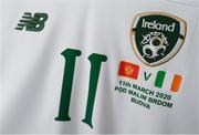 11 March 2020; A detailed view of the jersey of Republic of Ireland captain Katie McCabe in the dressing room ahead of the UEFA Women's 2021 European Championships Qualifier match between Montenegro and Republic of Ireland at Pod Malim Brdom in Petrovac, Montenegro. Photo by Stephen McCarthy/Sportsfile