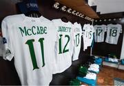 11 March 2020; Republic of Ireland jerseys hang in the dressing room ahead of the UEFA Women's 2021 European Championships Qualifier match between Montenegro and Republic of Ireland at Pod Malim Brdom in Petrovac, Montenegro. Photo by Stephen McCarthy/Sportsfile