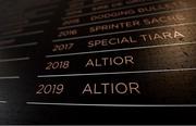 11 March 2020; The name of Altior, a twice winner of the the Queen Mother Champion Chase, on a plaque at Day Two of the Cheltenham Racing Festival at Prestbury Park in Cheltenham, England. Photo by David Fitzgerald/Sportsfile