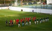 11 March 2020; Players of both side's walk out ahead of the UEFA Women's 2021 European Championships Qualifier match between Montenegro and Republic of Ireland at Pod Malim Brdom in Petrovac, Montenegro. Photo by Stephen McCarthy/Sportsfile