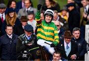 11 March 2020; Jockey Barry Geraghty celebrates after the winning the Coral Cup Handicap Hurdle on Dame De Compagnie during Day Two of the Cheltenham Racing Festival at Prestbury Park in Cheltenham, England. Photo by David Fitzgerald/Sportsfile