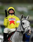 11 March 2020; Jockey Harry Skelton celebrates after winning the Betway Queen Mother Champion Chase on Politologue during Day Two of the Cheltenham Racing Festival at Prestbury Park in Cheltenham, England. Photo by David Fitzgerald/Sportsfile