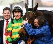 11 March 2020; Jockey Barry Geraghty celebrates after winning the RSA Insurance Novices' Chase on Dame De Compagnie during Day Two of the Cheltenham Racing Festival at Prestbury Park in Cheltenham, England. Photo by Harry Murphy/Sportsfile