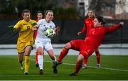 11 March 2020; Kyra Carusa of Republic of Ireland in action against Montenegro goalkeeper Ivana Cabarkapa, left, and Maja Saranovic of Montenegro during the UEFA Women's 2021 European Championships Qualifier match between Montenegro and Republic of Ireland at Pod Malim Brdom in Petrovac, Montenegro. Photo by Stephen McCarthy/Sportsfile