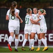 11 March 2020; Katie McCabe of Republic of Ireland celebrates with team-mates Ruesha Littlejohn, left, and Denise O'Sullivan, right, after scoring her side's second goal during the UEFA Women's 2021 European Championships Qualifier match between Montenegro and Republic of Ireland at Pod Malim Brdom in Petrovac, Montenegro. Photo by Stephen McCarthy/Sportsfile