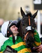 11 March 2020; Jonathan Plouganou celebrates after winning the Glenfarclas Chase on Easyland during Day Two of the Cheltenham Racing Festival at Prestbury Park in Cheltenham, England. Photo by Harry Murphy/Sportsfile