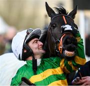 11 March 2020; Jonathan Plouganou celebrates after winning the Glenfarclas Chase on Easyland during Day Two of the Cheltenham Racing Festival at Prestbury Park in Cheltenham, England. Photo by Harry Murphy/Sportsfile