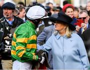 11 March 2020; Jockey Jonathan Plouganou is congratulated by JP McManus' wife, Noreen after winning the Glenfarclas Chase on Easyland during Day Two of the Cheltenham Racing Festival at Prestbury Park in Cheltenham, England. Photo by Harry Murphy/Sportsfile