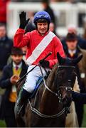 11 March 2020; Jockey Paul Townend on Ferny Hollow celebrates after winning the Weatherbys Champion Bumper on Day Two of the Cheltenham Racing Festival at Prestbury Park in Cheltenham, England. Photo by David Fitzgerald/Sportsfile