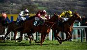 12 March 2020; Melon, with Patrick Mullins up, right, leads the eventual winner Samcro, with Davy Russell up, centre, and Faugheen, with Paul Townend up, after the last of the Marsh Novices' Chase on Day Three of the Cheltenham Racing Festival at Prestbury Park in Cheltenham, England. Photo by David Fitzgerald/Sportsfile