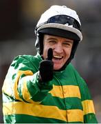 12 March 2020; Jockey Barry Geraghty celebrates after winning the Pertemps Network Final Handicap Hurdle on Sire Du Berlais during Day Three of the Cheltenham Racing Festival at Prestbury Park in Cheltenham, England. Photo by Harry Murphy/Sportsfile