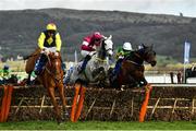 12 March 2020; The runner-up The Storyteller, with Davy Russell up, left, leads Tout Est Permis, with Eoin Walsh up, who finished third, centre, and the eventual winner Sire Du Berlais, with Barry Geraghty up, as they jump the last during the Pertemps Network Final Handicap Hurdle on Day Three of the Cheltenham Racing Festival at Prestbury Park in Cheltenham, England. Photo by David Fitzgerald/Sportsfile