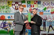 12 March 2020; Jack Byrne of Shamrock Rovers is presented with his SSE Airtricity/SWAI Player of the Month Award for February 2020 by Cillian Byrne, Marketing Executive, SSE Airtricity, at St. Aidan's Senior National School, Brookfield, Dublin. Photo by Seb Daly/Sportsfile