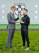 12 March 2020; Jack Byrne of Shamrock Rovers is presented with his SSE Airtricity/SWAI Player of the Month Award for February 2020 by Cillian Byrne, Marketing Executive, SSE Airtricity, at St. Aidan's Senior National School, Brookfield, Dublin. Photo by Seb Daly/Sportsfile