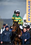 12 March 2020; Jockey Barry Geraghty on Sire Du Berlais, celebrates after winning the Pertemps Network Final Handicap Hurdle on Day Three of the Cheltenham Racing Festival at Prestbury Park in Cheltenham, England. Photo by David Fitzgerald/Sportsfile