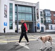 13 March 2020; Katie French from Ringsend in Dublin, walks her dog Harvey past Shelbourne Park Stadium. Following directives from the Irish Government and the Department of Health the majority of the country's sporting associations have suspended all activity until March 29, in an effort to contain the spread of the Coronavirus (COVID-19). Photo by Sam Barnes/Sportsfile