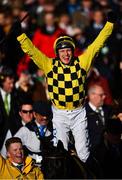 13 March 2020; Jockey Paul Townend celebrates on Al Boum Photo after winning the Magners Cheltenham Gold Cup Chase on Day Four of the Cheltenham Racing Festival at Prestbury Park in Cheltenham, England. Photo by David Fitzgerald/Sportsfile