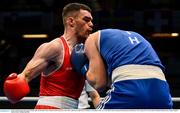 15 March 2020; Emmet Brennan of Ireland, left, and Radenko Tomic of Bosnia and Herzegovina in their Men's Light Heavyweight 81KG Preliminary round fight on Day Two of the Road to Tokyo European Boxing Olympic Qualifying Event at Copper Box Arena in Queen Elizabeth Olympic Park, London, England. Photo by Harry Murphy/Sportsfile
