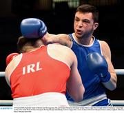 15 March 2020; Radenko Tomic of Bosnia and Herzegovina, right, and Emmet Brennan of Ireland in their Men's Light Heavyweight 81KG Preliminary round fight on Day Two of the Road to Tokyo European Boxing Olympic Qualifying Event at Copper Box Arena in Queen Elizabeth Olympic Park, London, England. Photo by Harry Murphy/Sportsfile