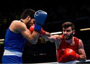 15 March 2020; Mucahit Ilyas of Turkey, right, exchanges punches with Rauf Rahimov of Azerbaijan in their Men's heavyweight 81KG + fight on Day Two of the Road to Tokyo European Boxing Olympic Qualifying Event at Copper Box Arena in Queen Elizabeth Olympic Park, London, England. Photo by Harry Murphy/Sportsfile
