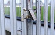 15 March 2020; A general view of a locked gate at St Conleth's Park in Newbridge, Kildare, at a time when Kildare should have been playing against Cavan in a Allianz Football League Division 2 Round 6 game. Following directives from the Irish Government and the Department of Health the majority of the country's sporting associations have suspended all activity until March 29, in an effort to contain the spread of the Coronavirus (COVID-19). Photo by Piaras Ó Mídheach/Sportsfile