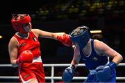 15 March 2020; Angela Carini of Italy, left, and Christina Desmond of Ireland in their Women's Welterweight 69KG Preliminary round fight on Day Two of the Road to Tokyo European Boxing Olympic Qualifying Event at Copper Box Arena in Queen Elizabeth Olympic Park, London, England. Photo by Harry Murphy/Sportsfile