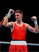15 March 2020; George Bates of Ireland celebrates after defeating León Carlos Domínguez Becerra of Spain in their Men's Lightweight 63KG Preliminary round fight on Day Two of the Road to Tokyo European Boxing Olympic Qualifying Event at Copper Box Arena in Queen Elizabeth Olympic Park, London, England. Photo by Harry Murphy/Sportsfile